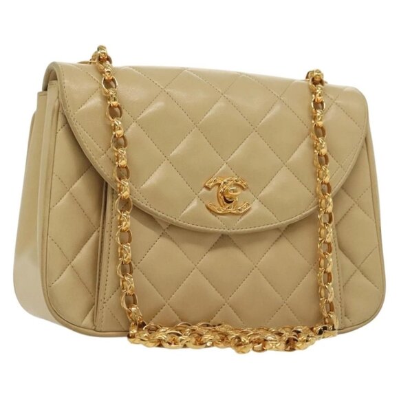 CHANEL Chain Shoulder Bag Lamb Skin Beige Gold CC Auth 136820 - Picture 1 of 16